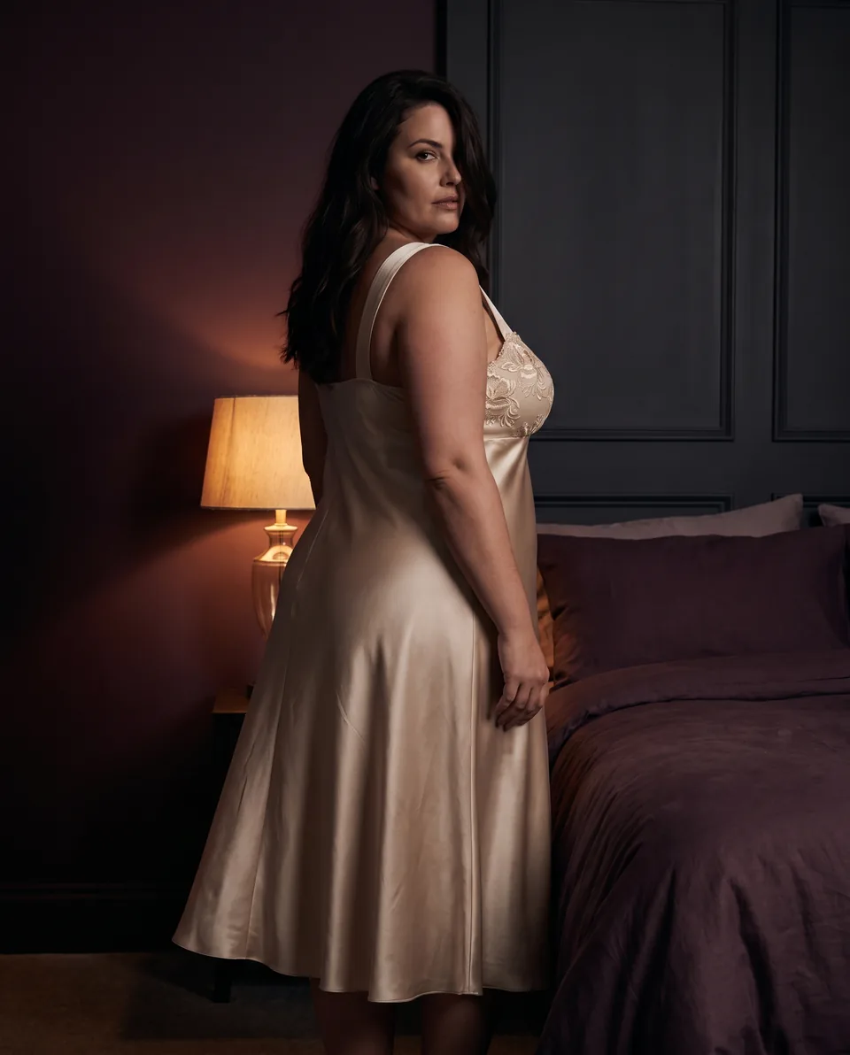Dorosła kobieta plus size w szampańskiej satynowej koszuli nocnej Juliette, zdjęcie produktu