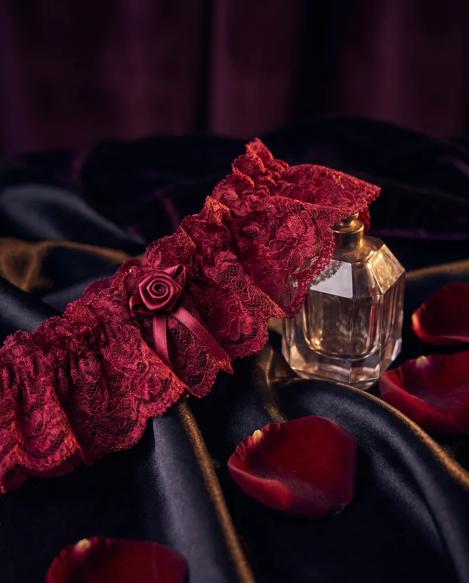 Czerwona koronkowa podwiązka Scarlet Rose z różą na czarnej satynie, zdjęcie produktu